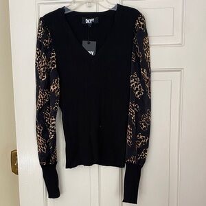 DKNY Black Top with Animal Print Sleeves